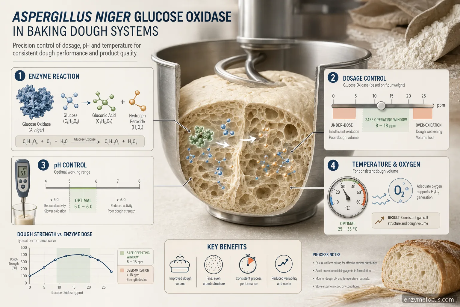 aspergillus niger glucose oxidase baking guide infographic showing dosage, pH, temperature, and dough volume controls