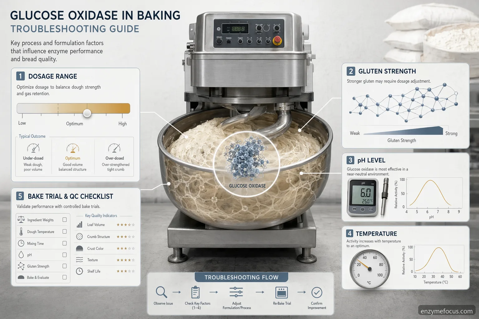 glucose glucose oxidase baking troubleshooting infographic showing dosage, dough strength, pH, temperature, and QC checks