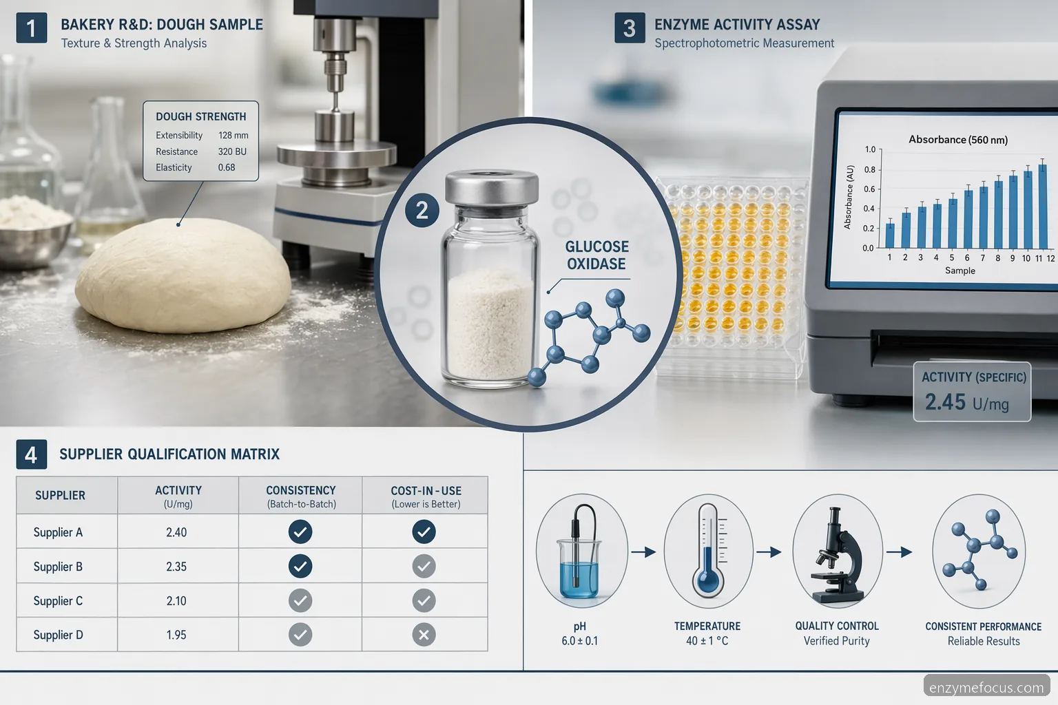 glucose oxidase activity assay: Process Guide for Baking with dough testing, enzyme vial, assay readout, and QA matrix