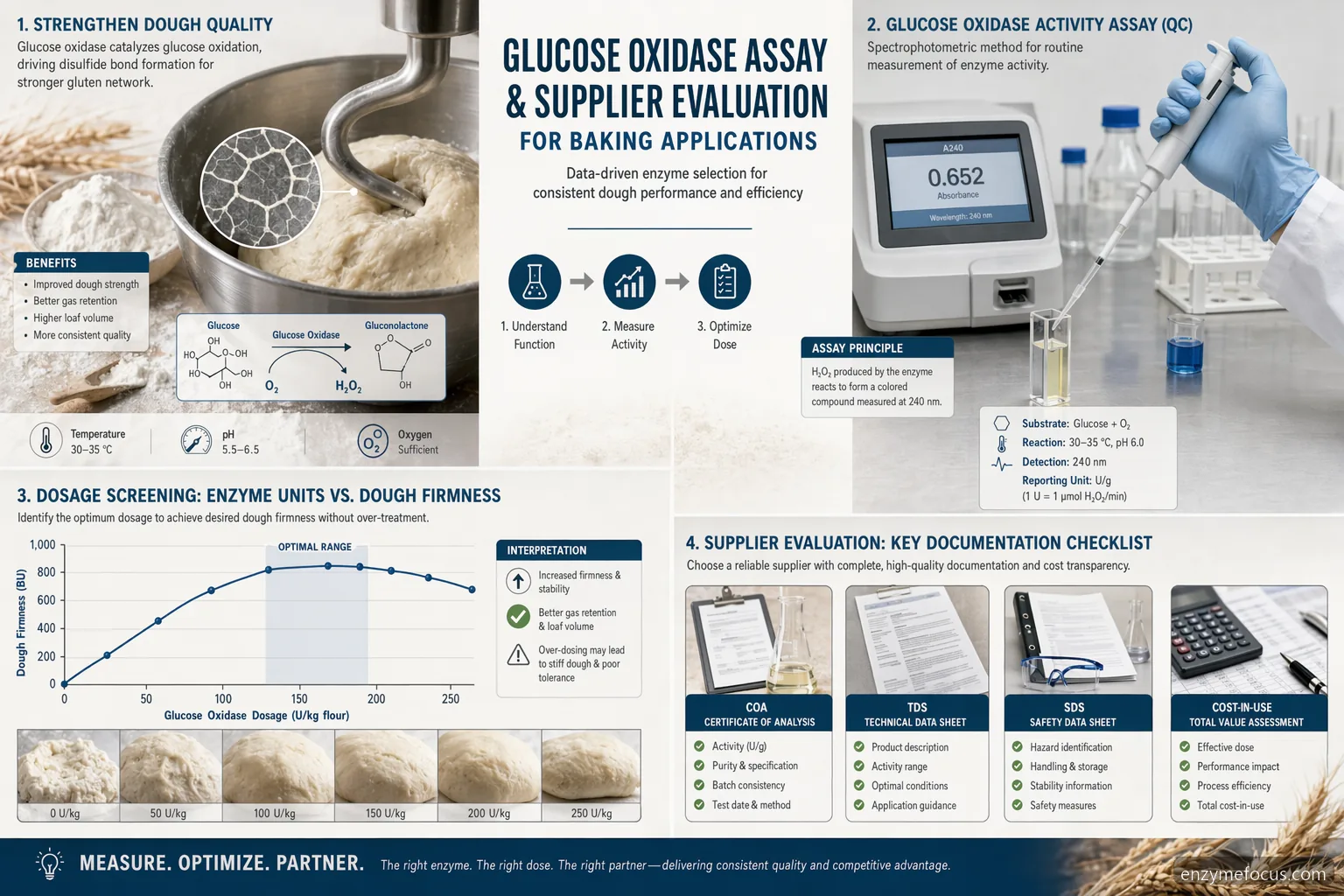 glucose oxidase assay supplier guide for baking, showing QC testing, dough strengthening, dosage, and COA checks