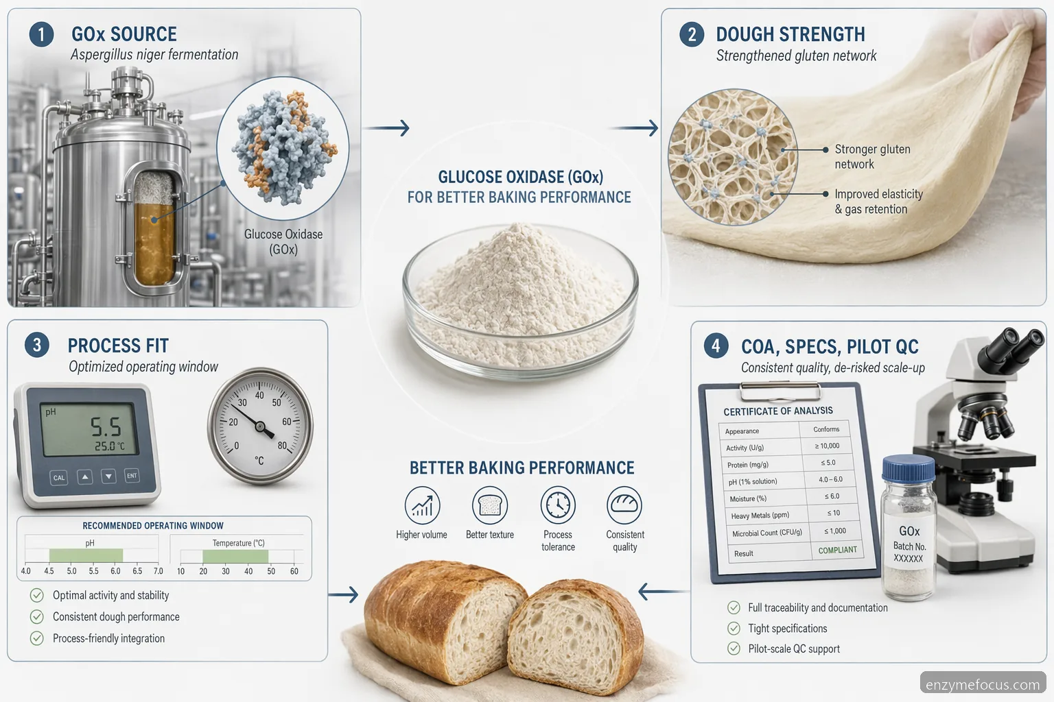 glucose oxidase from aspergillus niger supplier guide for baking infographic showing dough strength, dosage, QC, and supplier checks