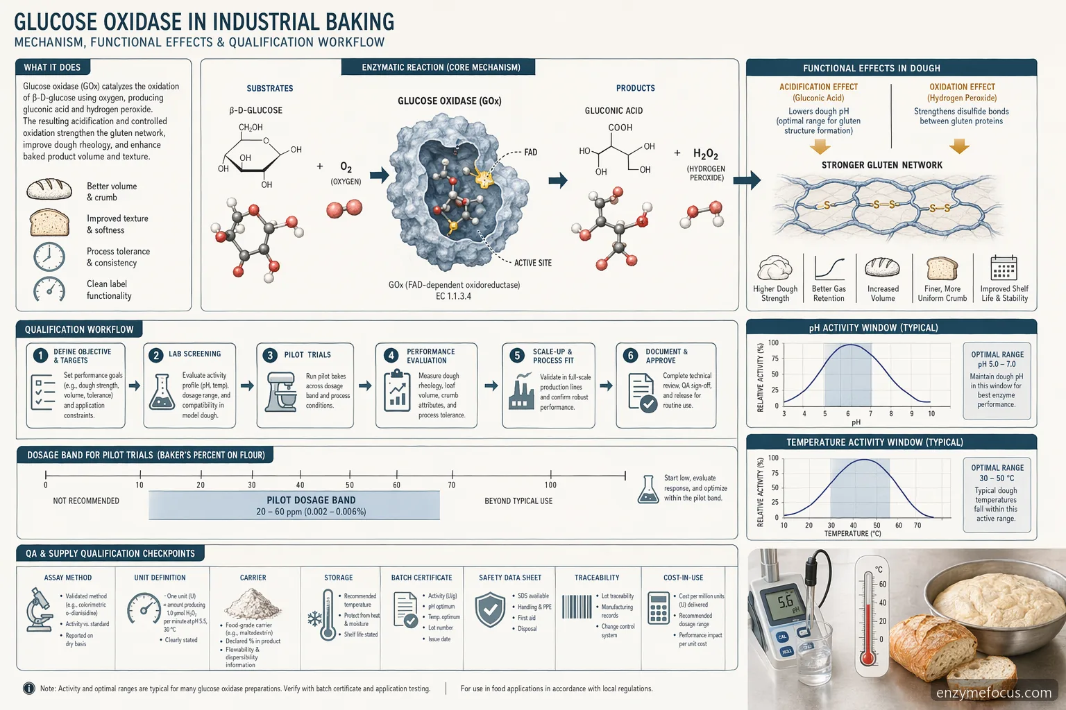 glucose oxidase sigma aldrich baking mechanism diagram shows glucose oxidation, pH and temperature windows, and QA checkpoints