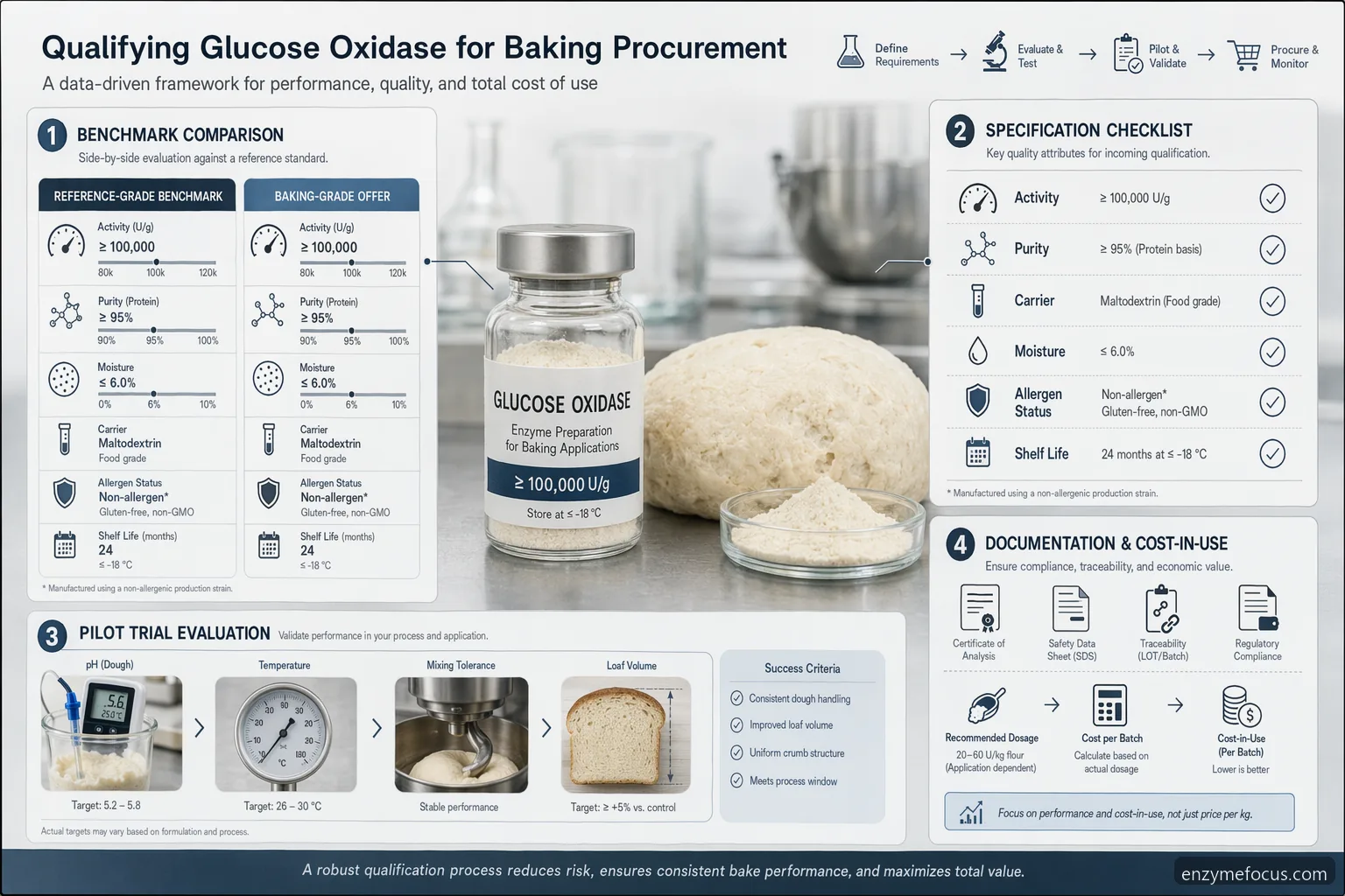 glucose oxidase sigma aldrich specification checklist infographic for baking buyers compares specs, trials, documents, and cost