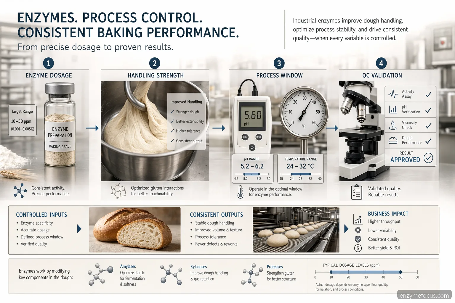 glucose oxidase sigma baking formulations infographic showing enzyme dosing, dough strength, QC, and supplier checks