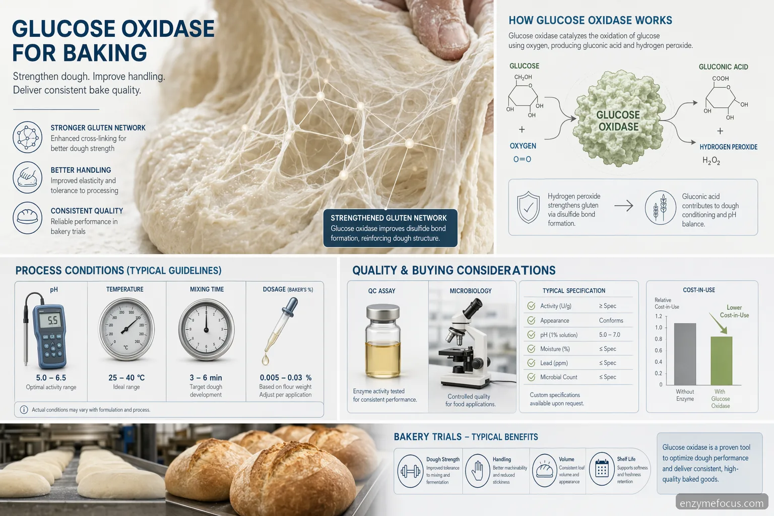مخطط معلوماتي لدليل عملية الخَبز باستخدام glucose oxidase يوضح تقوية العجين وظروف التجربة وQC وتكلفة الاستخدام
