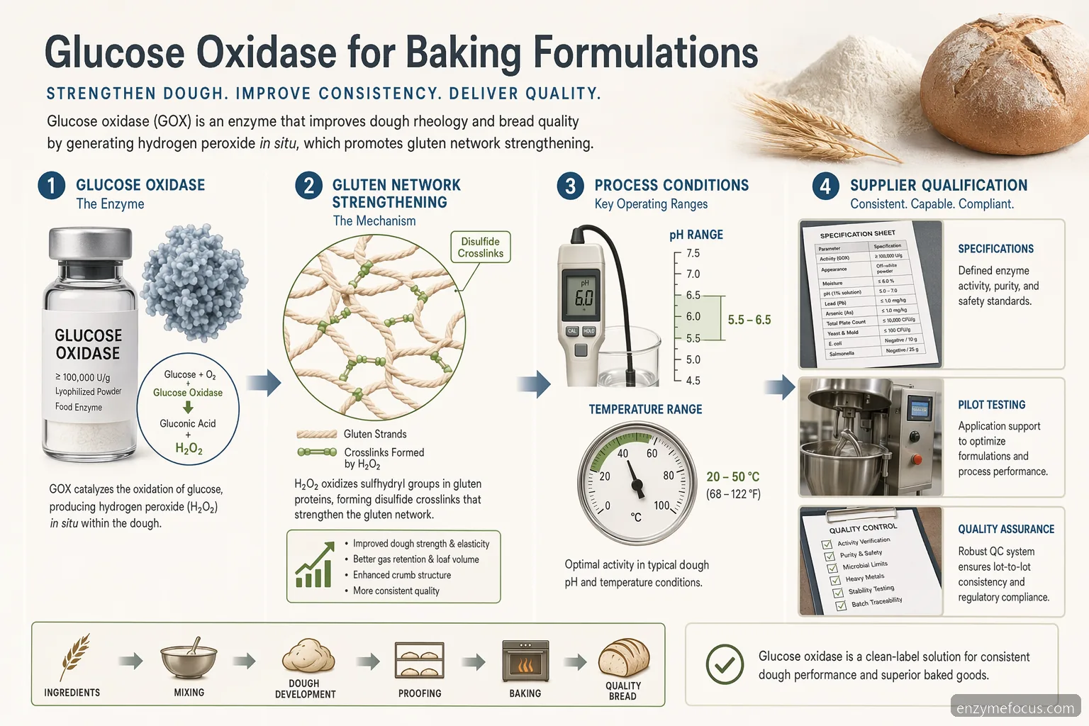 glucose oxidase supplier for baking formulations, showing enzyme specs, dough strength, pilot QC steps